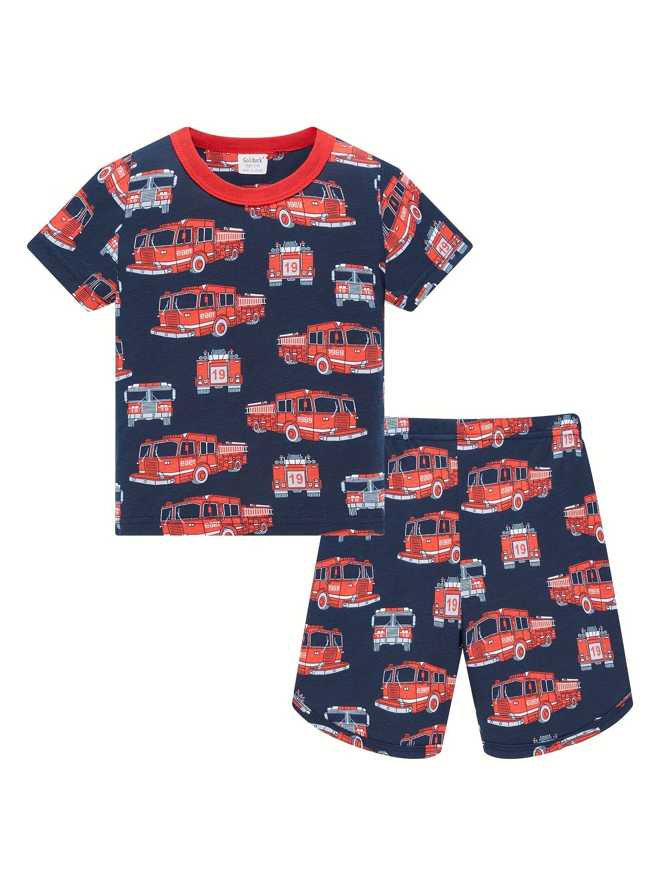 2pcs Boys' Fire Truck Cartoon Print Pajama Set, Kids Summer Short Sleeve T-Shirt And Shorts Sleepwear, Comfortable Casual Party Loungewear Suit