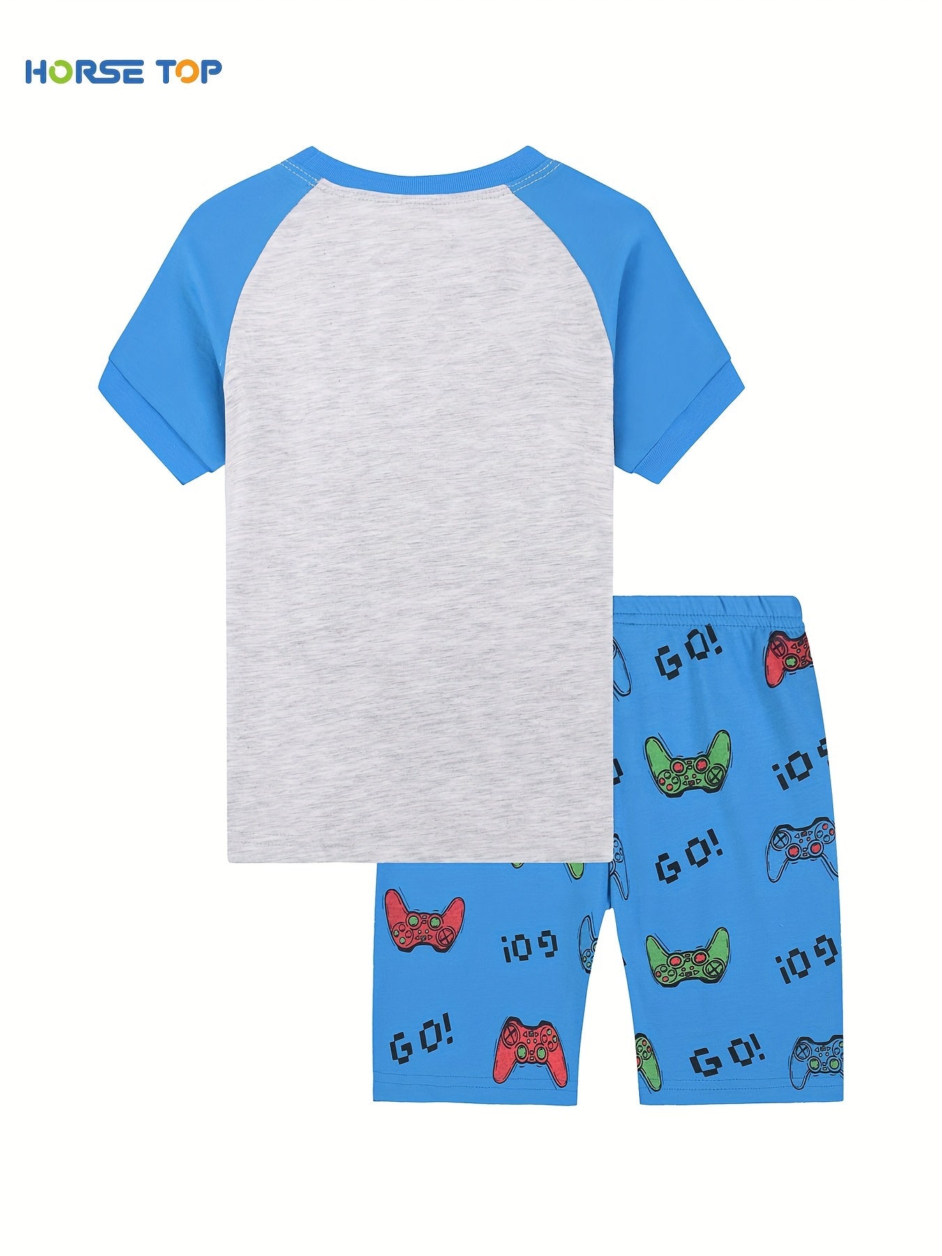 2pcs Boys Summer Loungewear Set – Cartoon Game Console Pattern Print Color Block Short Sleeve Crew Neck Top & Short Set, Cool Pattern Comfy PJ Set, Kids' Cozy Sleepwear Outfit