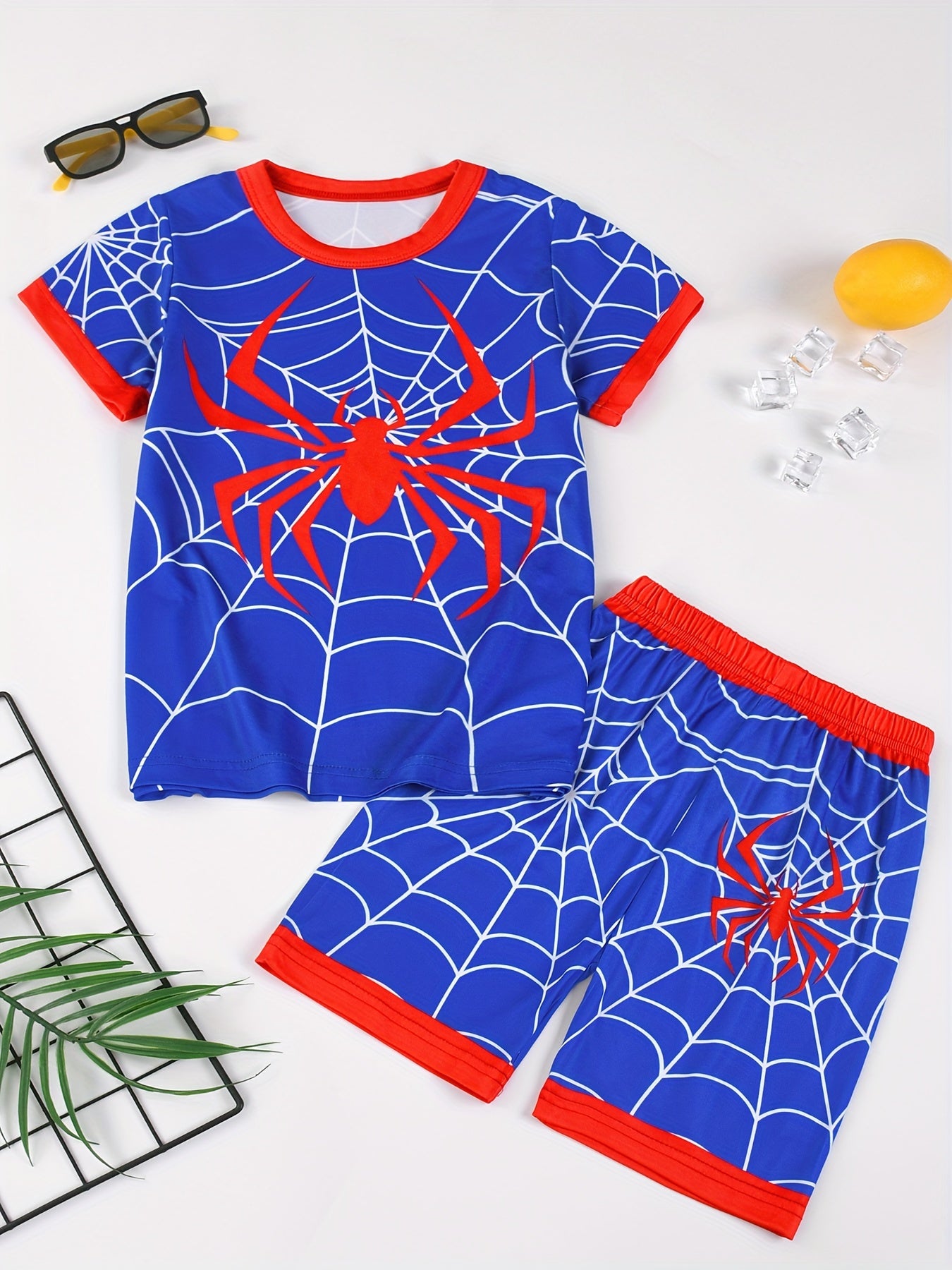 2 Pcs Baby Boys Cute Pajama Sets, Slight Stretch Print Short Shirt & Shorts, Fashion Design With Spider Pattern, Comfortable & Cute Style Pajamas For Boys Cozy Loungewear