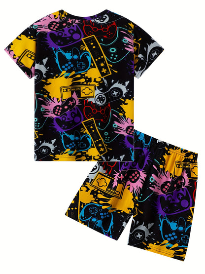 2pcs Boys Casual Gamepad Graffiti Print Versatile Short Sleeve T-shirt & Shorts Set, Cool, Lightweight And Comfy Summer Clothes