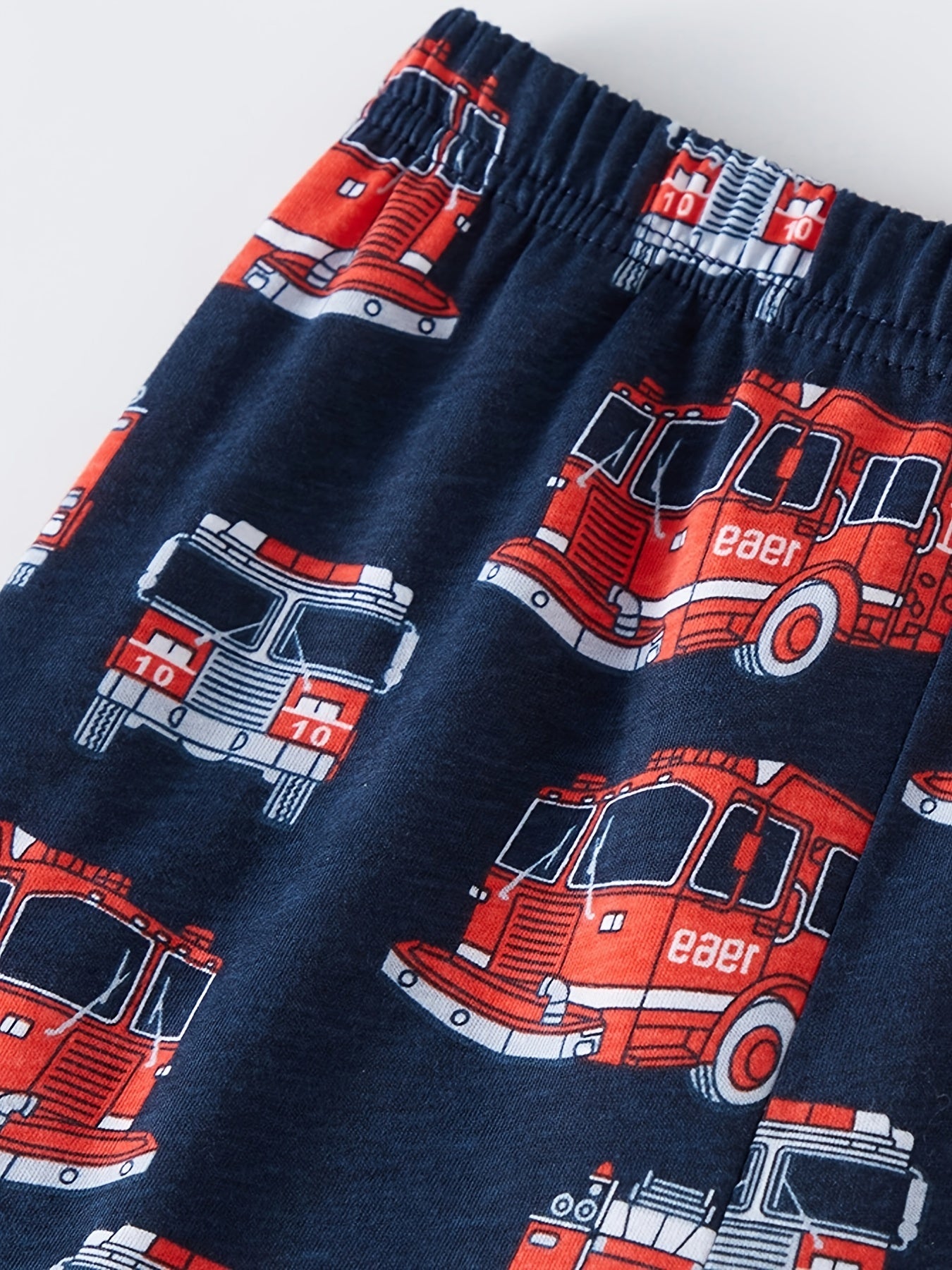 2pcs Boys' Fire Truck Cartoon Print Pajama Set, Kids Summer Short Sleeve T-Shirt And Shorts Sleepwear, Comfortable Casual Party Loungewear Suit