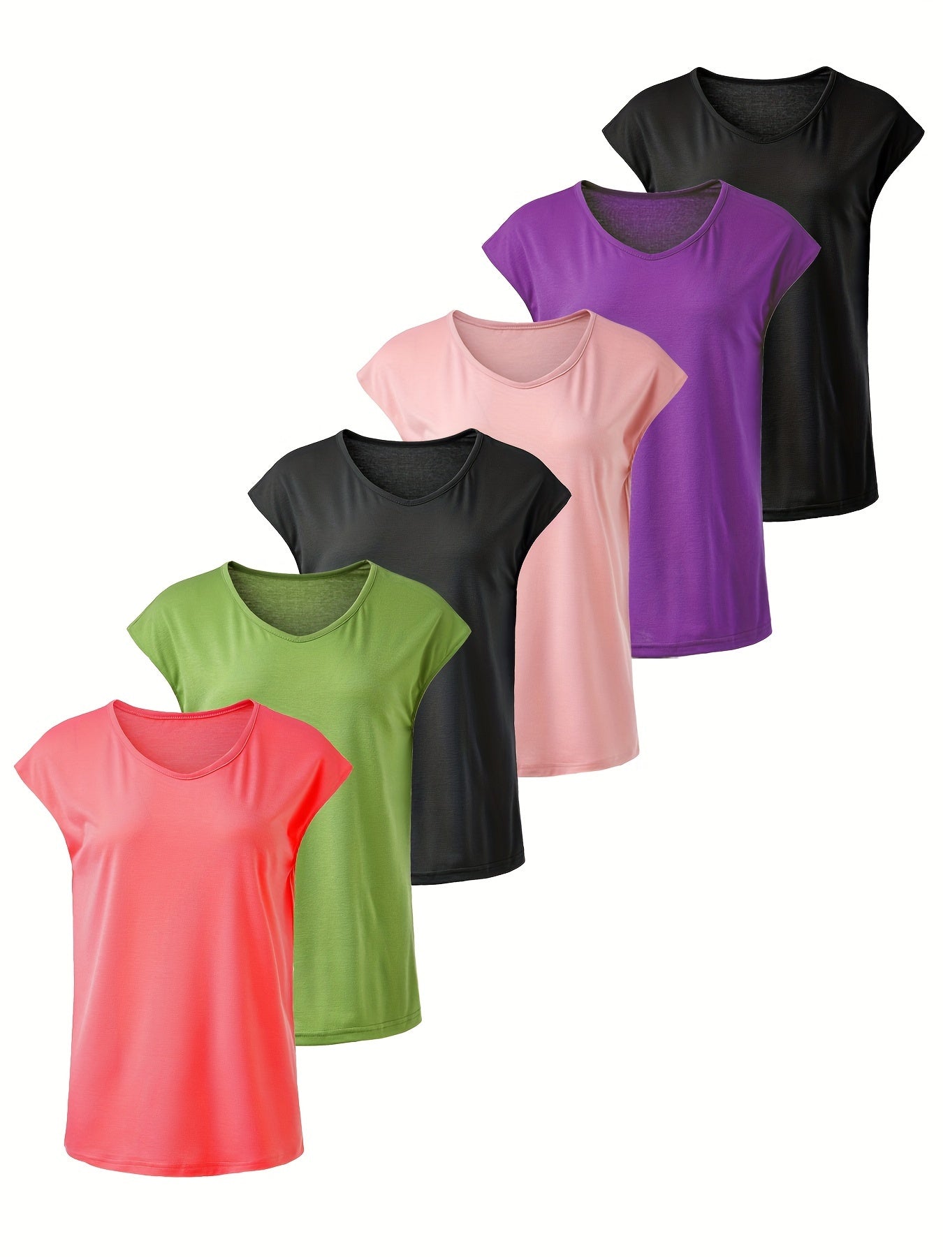 6pcs Solid Casual Sports Women's Short Sleeve Crew Neck T-shirts Set, Summer Outdoor Activewear