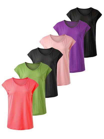 6pcs Solid Casual Sports Women's Short Sleeve Crew Neck T-shirts Set, Summer Outdoor Activewear