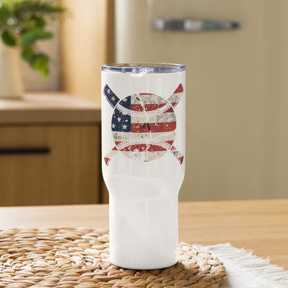 American Flag Baseball with Crossing Baseball Bats Travel Tumbler with a handle