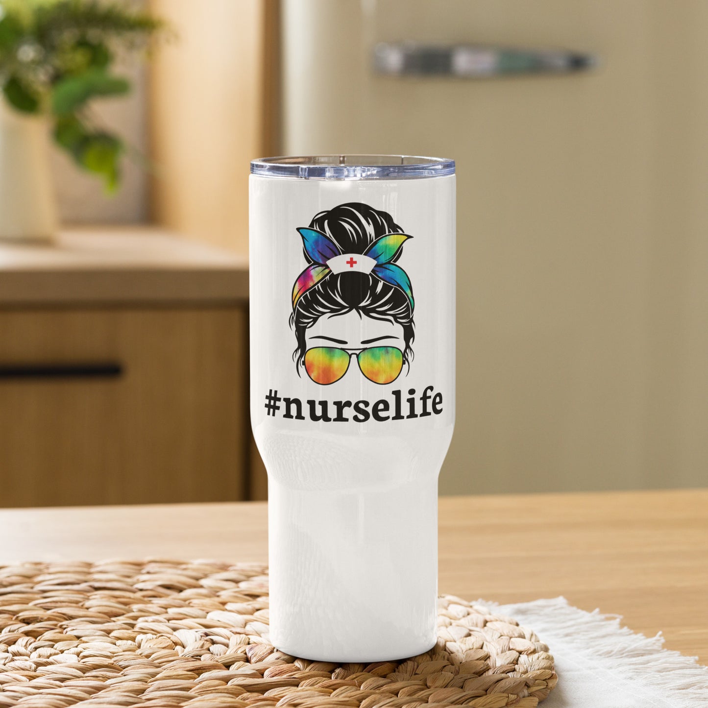 #NurseLife Messy Bun Travel Tumbler with a handle