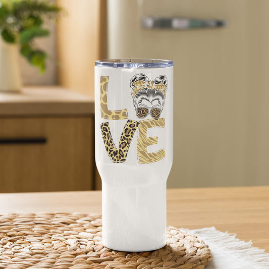 Leopard Messy Bun Love Block Travel Tumbler with a handle