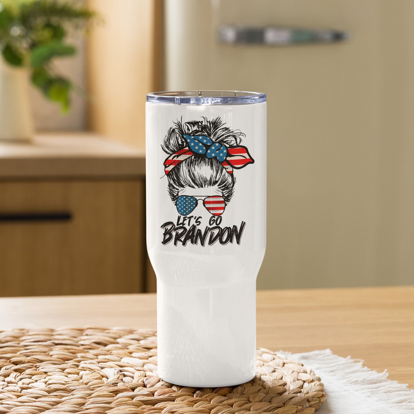 Let's Go Brandon Messy Bun American Flag Travel Tumbler with a handle