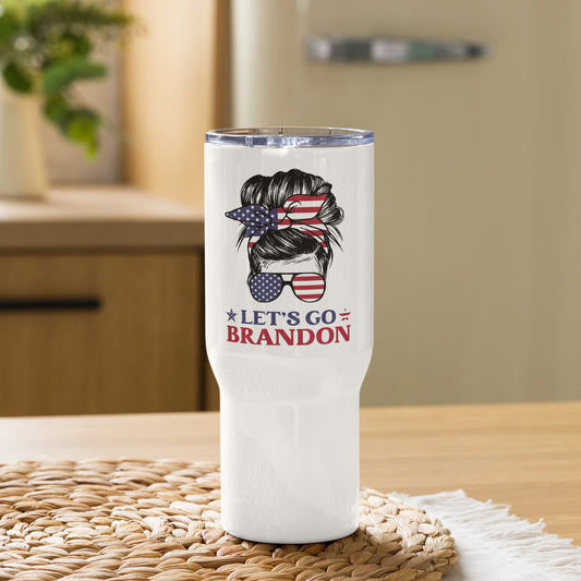 Let's Go Brandon Messy Bun American Flag Travel Tumbler with a handle