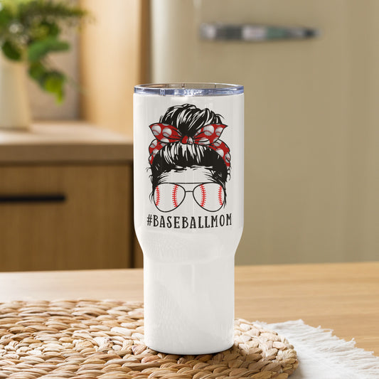 #BaseballMom Messy Bun Travel Tumbler with a handle