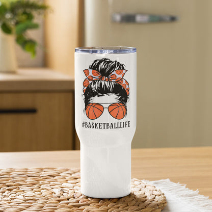 #BasketballLife Messy Bun Travel Tumbler with a handle