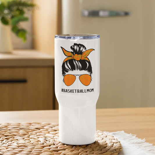 #BasketballMom Messy Bun Travel Tumbler with a handle