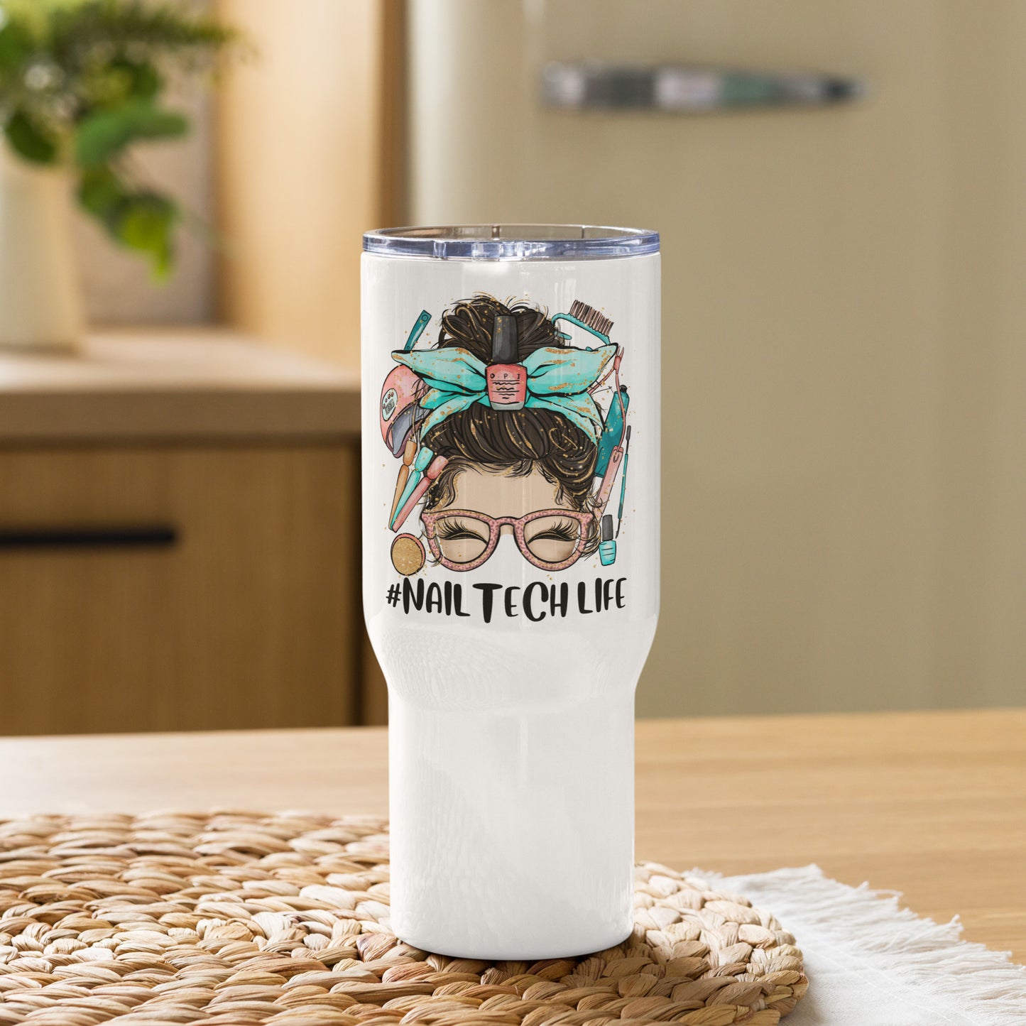 #NailTechLife Messy Bun Travel Tumbler with a handle