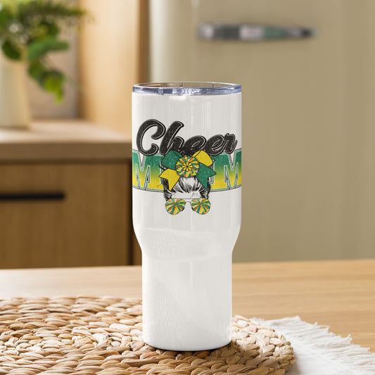 Cheer Mom Green & Yellow Messy Bun Travel Tumbler with a handle