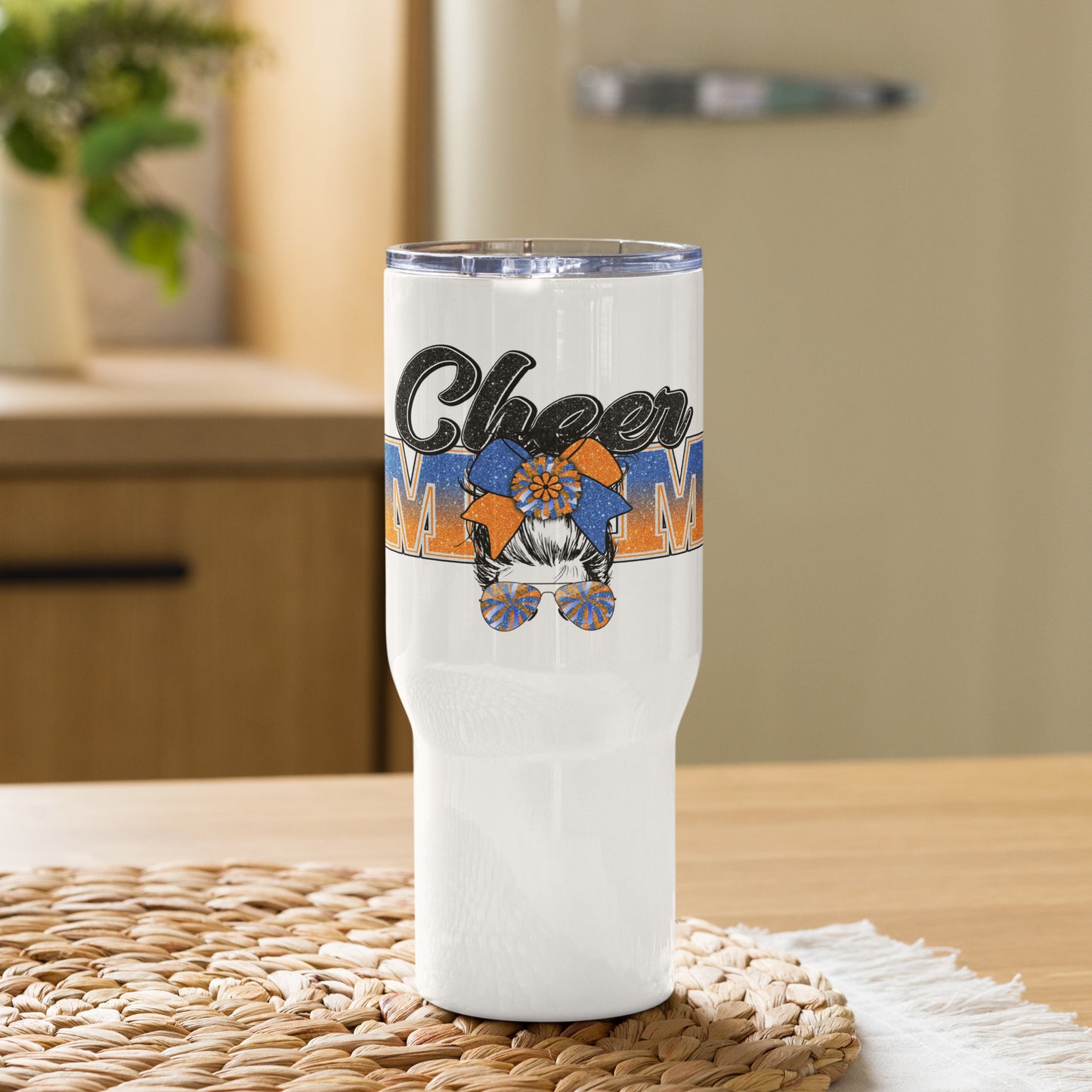 Cheer Mom Orange & Blue Messy Bun Travel Tumbler with a handle