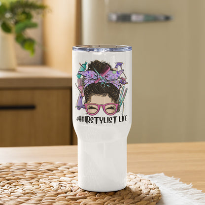 #HairstylistLife Messy Bun Travel Tumbler with a handle