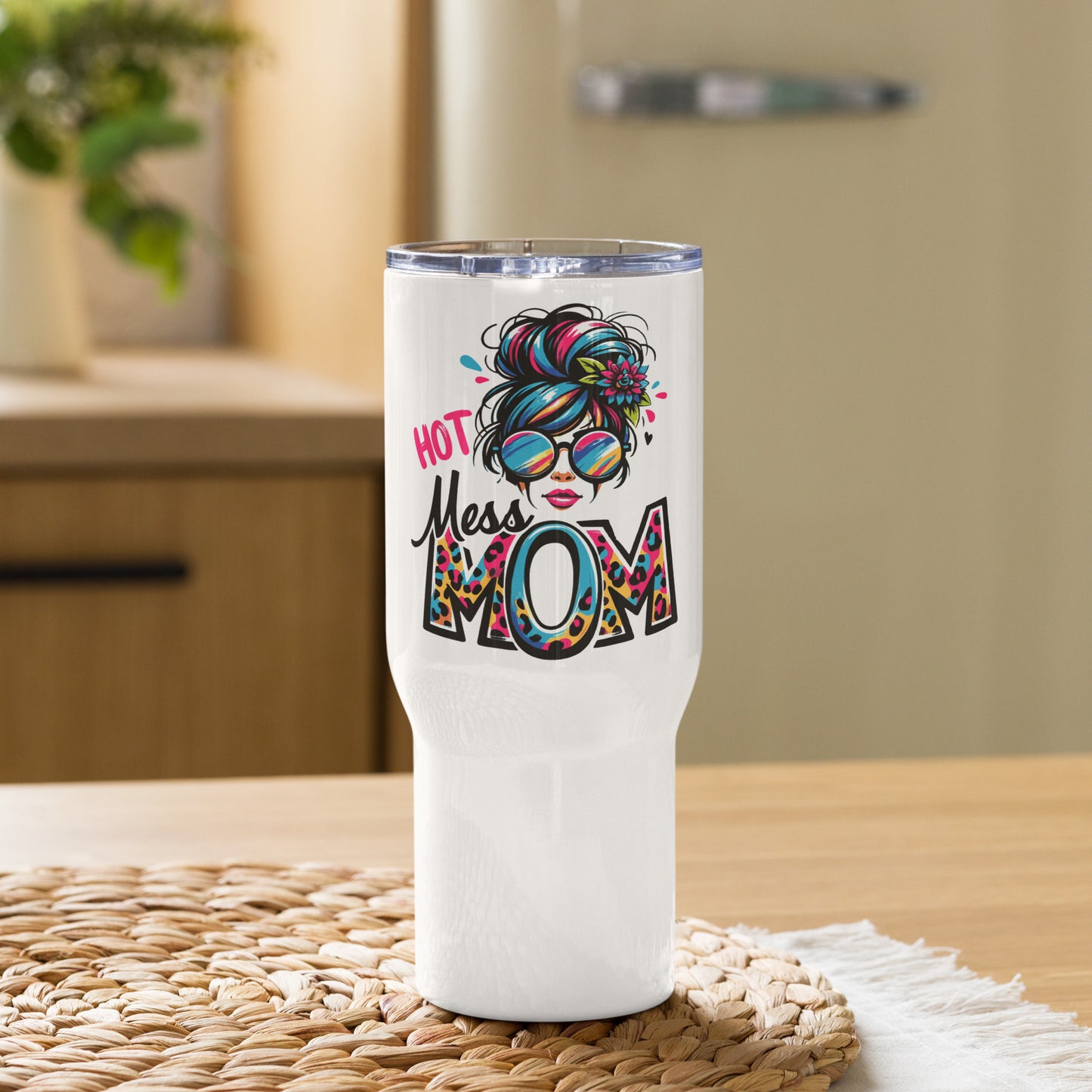 Hot Mess Mom Messy Bun Travel Tumbler with a handle