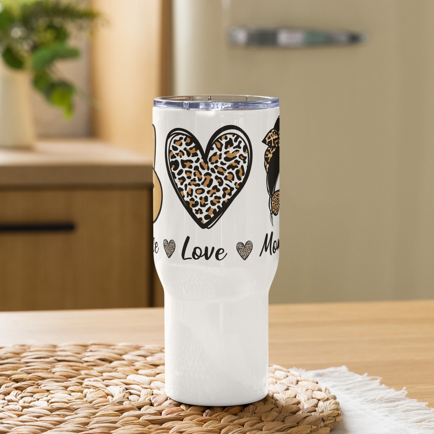 Peace Love Mom Life Messy Bun Travel Tumbler with a handle