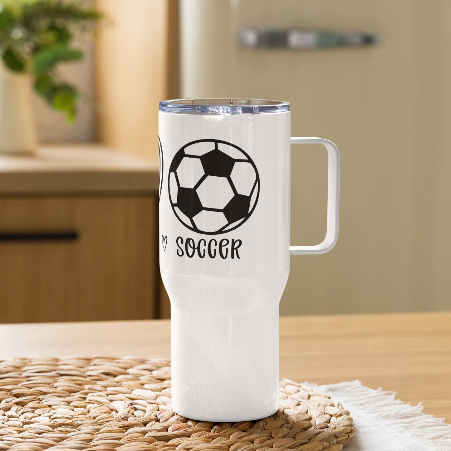 Peace Love & Soccer Travel Tumbler with a handle