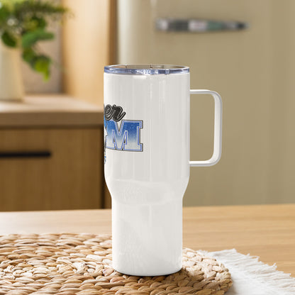 Cheer Mom White & Blue Messy Bun Travel Tumbler with a handle