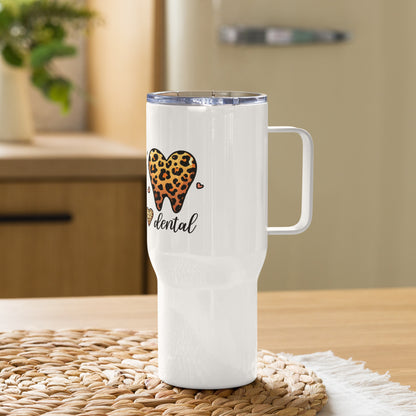 Peace Love Dental Leopard Travel Tumbler with a handle