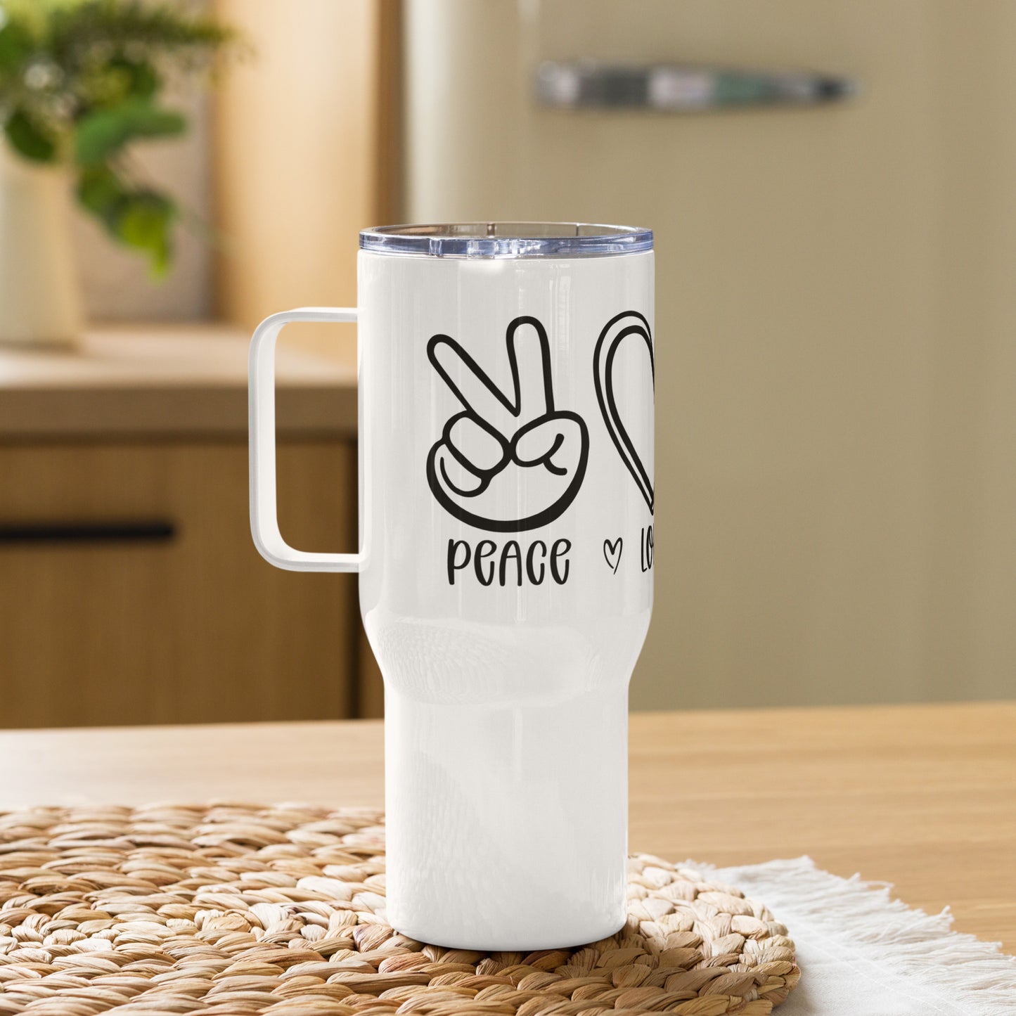 Peace Love & Soccer Travel Tumbler with a handle