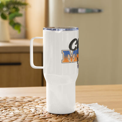 Cheer Mom Orange & Blue Messy Bun Travel Tumbler with a handle