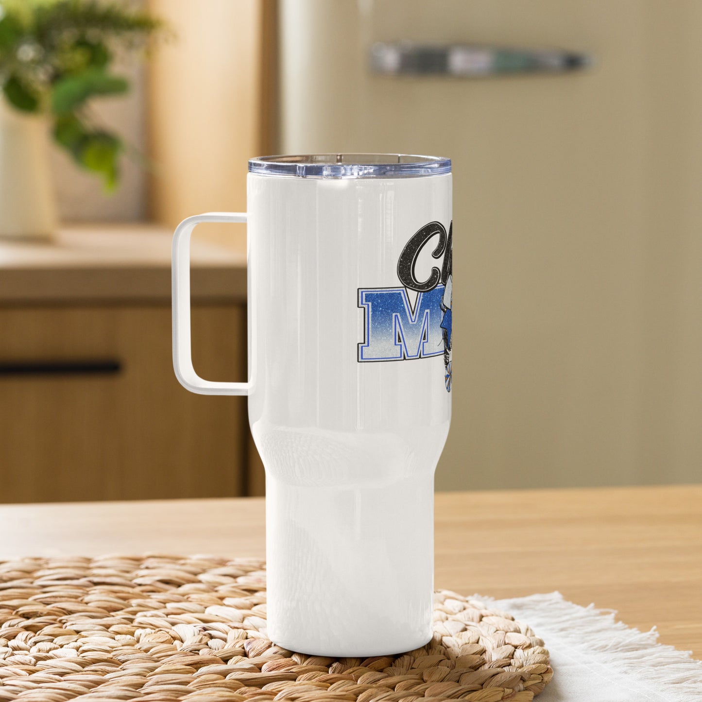 Cheer Mom White & Blue Messy Bun Travel Tumbler with a handle