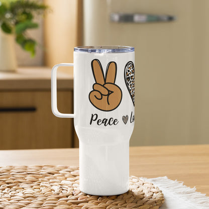 Peace Love Mom Life Messy Bun Travel Tumbler with a handle