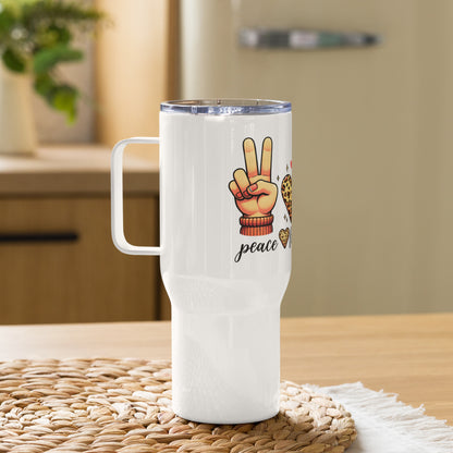 Peace Love Dental Leopard Travel Tumbler with a handle