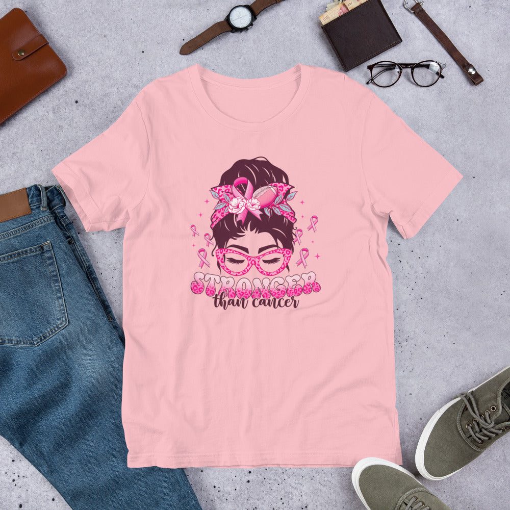 Stronger than Cancer Breast Cancer Awareness Messy Bun Unisex t-shirt