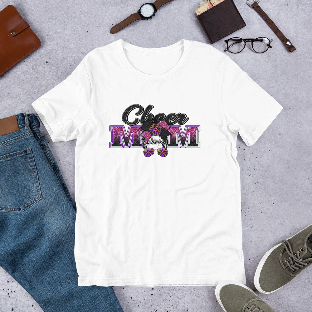 Cheer Mom Black & Purple Messy Bun Unisex t-shirt