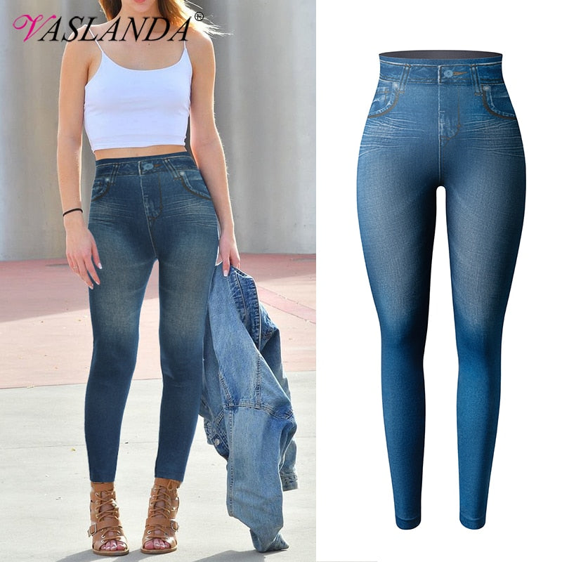 Women Jeggings - Faux Denim Jeans - Slim Leggings High Waisted