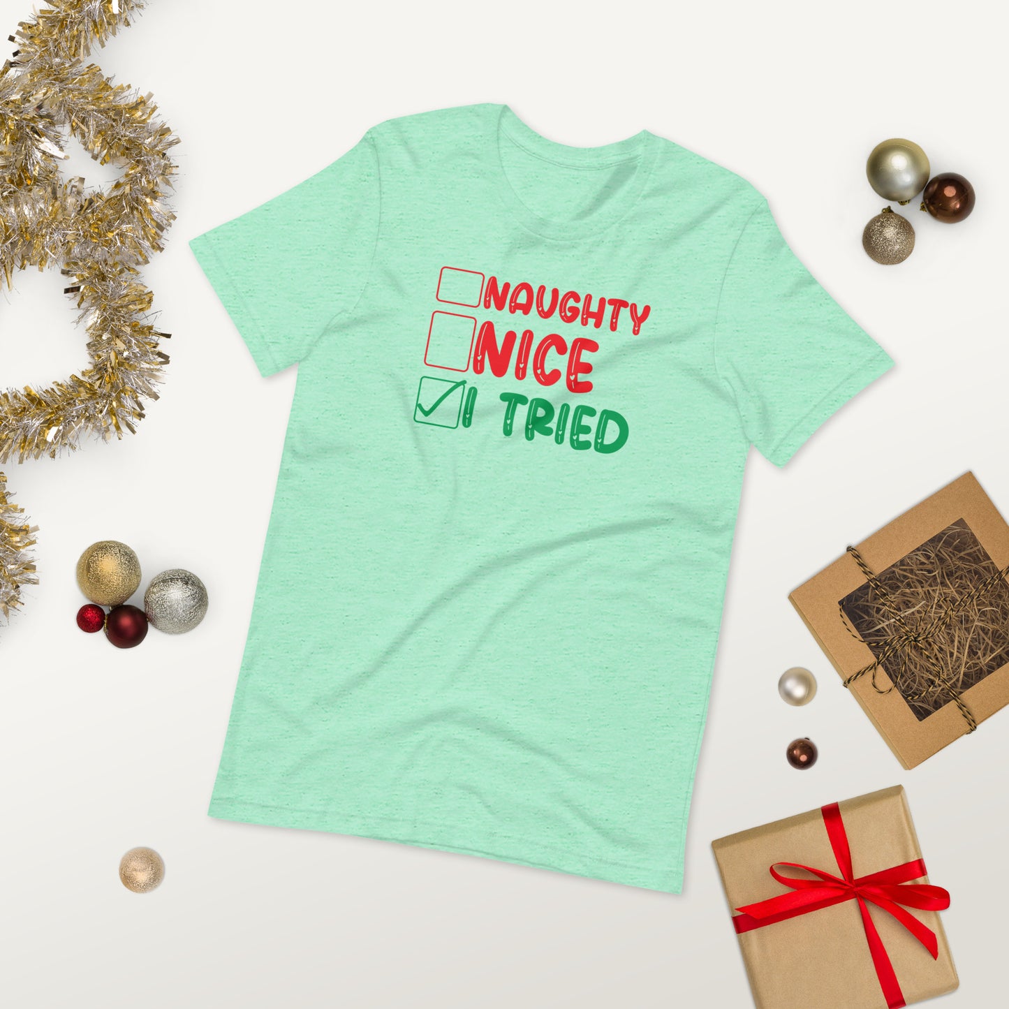 Naughty Nice I Tried Funny Christmas Unisex t-shirt