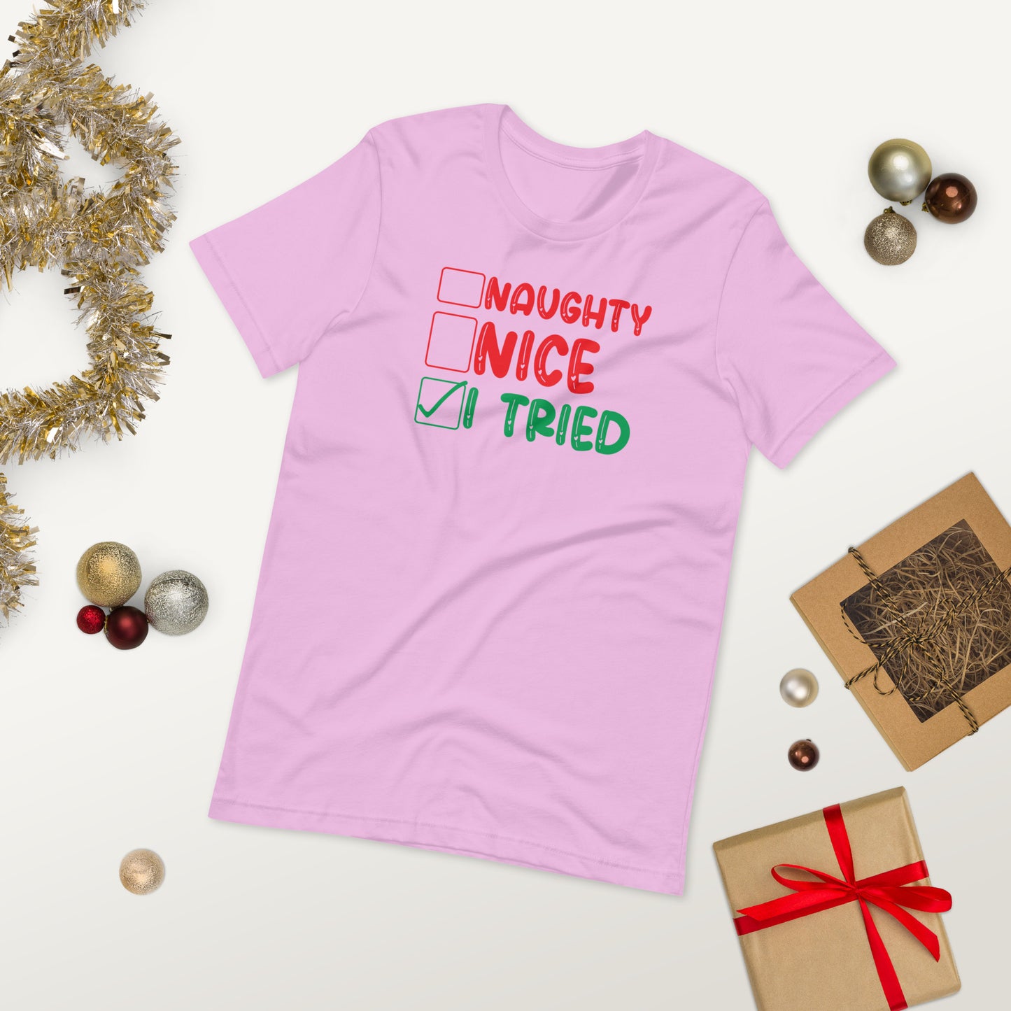 Naughty Nice I Tried Funny Christmas Unisex t-shirt